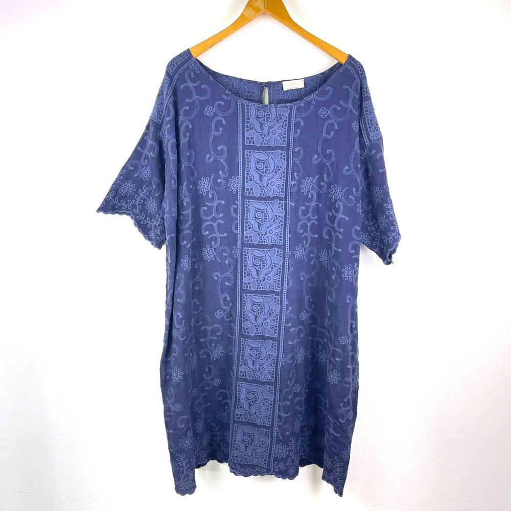 WRAP London Blue Linen Floral Embroidered Short Sleeve Dress Women's US 18 UK 22